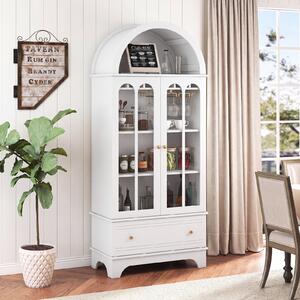 Costway Mobile credenza ad arco da cucina con cassetto ante in vetro temperato portabicchieri, Portabottiglie per sala da pranzo Bianco