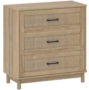 HOMCOM Comò con 3 Cassetti in Rattan e Piedi in Legno Massello, 76x35x76 cm, Rovere | Aosom Italy