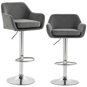 HOMCOM Set 2 Sgabelli Bar Girevoli in Velluto con Altezza Regolabile, Poggiapiedi, Schienale, Base in Metallo, Grigio | Aosom Italy