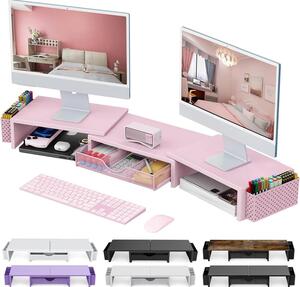 Omgoods - Supporto per monitor doppio, rialzo da scrivania con cassetti e portapenne - Supporto per monitor per computer, colore rosa