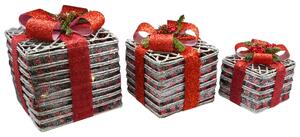 Set 3 Pacchi di Natale con LED in Plastica Rosso Glitterato