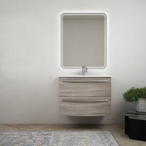 Composizione bagno moderna sospesa da 75 cm curva finitura larice con lavabo in ceramica e specchio LED Mod. Berlino
