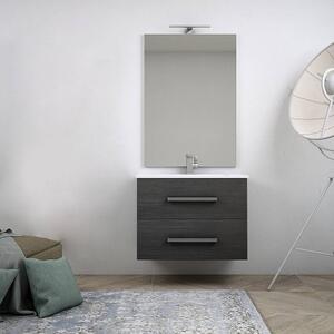 Mobile bagno sospeso moderno 75 cm grigio scuro venato con chiusure soft close specchiera e lampada LED