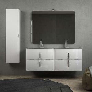 Mobile bagno doppio lavabo 140 cm bianco lucido sospeso con chiusure soft close specchio applique LED e colonna
