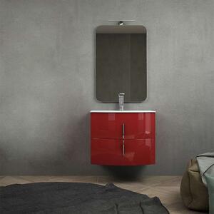 Mobile bagno rosso lucido sospeso curvo 70 cm con cassettoni soft close specchio e lampada LED IP44