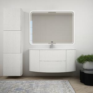 Mobile bagno sospeso bianco frassino 120 cm con specchio LED cassettoni soft close e colonna grande