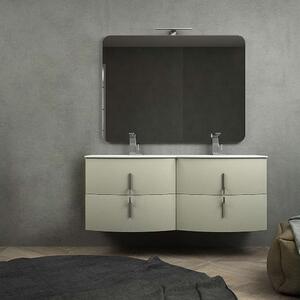 Mobile bagno sospeso doppio lavabo 140 cm grigio natura con cassettoni soft close specchio e lampada LED