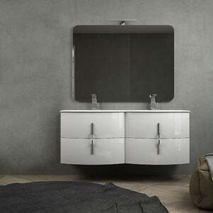 Mobile bagno doppio lavabo bianco lucido sospeso 140 cm con chiusure soft close e specchio applique LED