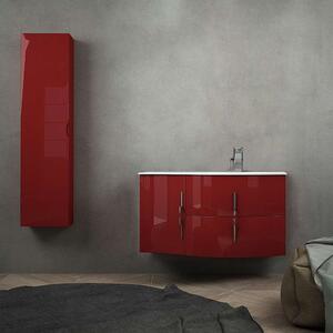 Mobile da bagno sospeso ad onda (versione destra) rosso lucido 105 cm con cassettoni soft close e colonna