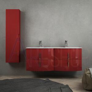Mobile bagno moderno sospeso rosso lucido doppio lavabo 140 cm con chiusure soft close e colonna
