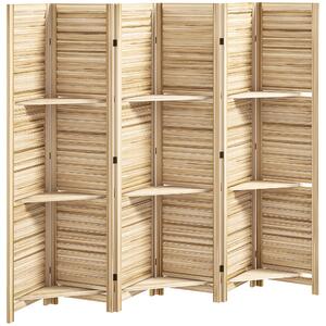 HOMCOM Paravento per Interni in Legno 4 Pannelli 160x170 cm, Separatore di Ambiente Pieghevole con 3 Mensole, Legno Naturale Effetto Bruciato | Aosom Italy