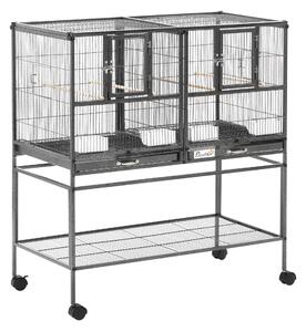 PawHut Gabbia per Uccelli 95x45.5x102cm Doppia con Vassoi Estraibili, Ruote e Ripiano Aperto, in Metallo, Nero Grigio|Aosom