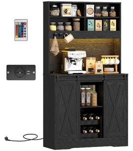 HOMCOM Credenza da Cucina Alta Stile Rustico con 2 Armadietti, Portabottiglie, Prese di Ricarica e Luci LED, Nero | Aosom Italy