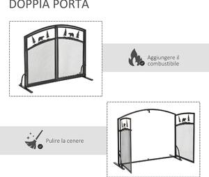 HOMCOM Parascintille per Camino in Metallo con 2 Porte e Decorazioni Natalizie, 99x35x80 cm, Nero