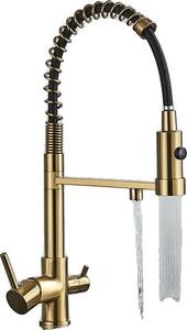 Rubinetto per lavello da cucina, doppia maniglia, superficie in ottone lucido, finitura oro spazzolato