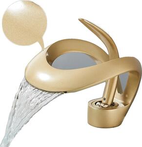 Rubinetto per lavabo a cascata, design contemporaneo, comando monocomando, oro opaco
