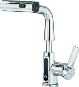 Rubinetto per lavabo, design estraibile, indicatore di temperatura, cromato