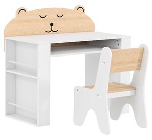 DecHome Set Tavolo per Bambini 3-8 Anni con Sedia e Librerie Laterali in Legno Tema Orsetto colore Bianco