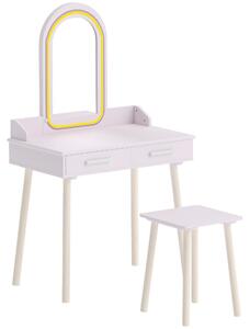 DecHome Set Toeletta per Bambini 3-8 Anni con Sgabello Specchio in Acrilico LED a 3 Colori e 2 Cassetti colore Rosa