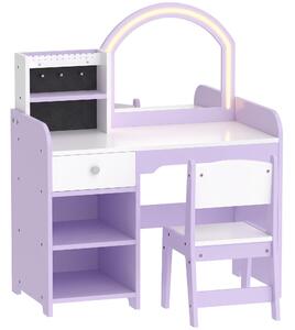 DecHome Set Toeletta per Bambini 3-8 Anni con Sgabello Specchio Luci a 2 Colori Portagioielli e Cassetto colore Viola