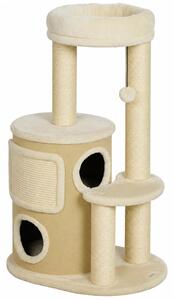 AllMyPets Tiragraffi per Gatti Alto 90 cm Multilivello con 4 Pali in Sisal 2 Casette Cuccia Pompon colore Beige