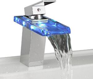 Rubinetto per lavabo da bagno in vetro con cascata LED RGB cromato | Rubinetto per lavabo | Miscelatore monocomando per lavabo | Miscelatore monocomando per bagno
