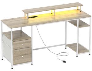 HOMCOM Scrivania per computer, con luci LED regolabili, 2 prese, porte USB, cassetti e ripiani 155,5x48x88,5cm Legno naturale | Aosom Italy