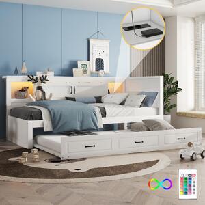 Divano letto 90x200 cm con letto estraibile 90x190 cm, illuminazione LED d'ambiente, presa di corrente e porta USB, vano contenitore laterale, pannello di particelle/MDF, bianco/grigio