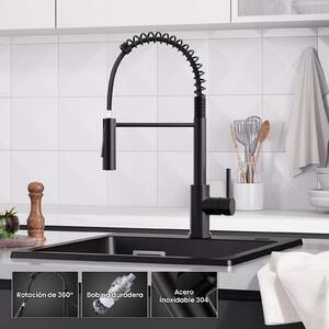 Miscelatore da cucina - Modello verticale con sistema a molla - Acciaio inossidabile 304 - Acqua calda e fredda - Comando monoleva - Bocchetta estraibile e flessibile - Due modalità di erogazione - Nero