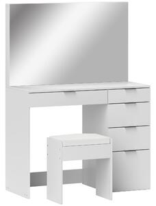 HOMCOM Set Tavolo da Trucco con Specchio e 5 Cassetti 97.2x44.5x136.5 cm e Sgabello Imbottito 40x24x46 cm, Bianco