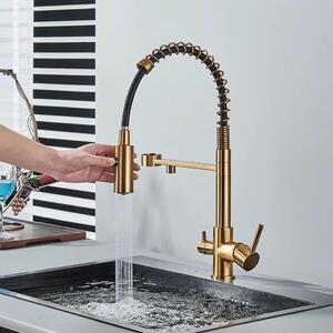 Miscelatore da cucina - QW46136 - Doccetta estraibile - Acqua fredda e calda - Ottone - Valvola in Vetroceramica - Montaggio monoblocco - Finitura oro spazzolato