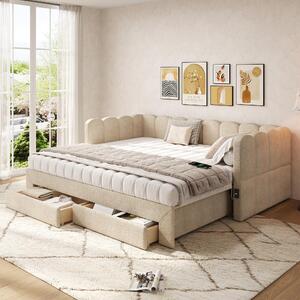 Letto da giorno 90x190 cm, estensibile a 180x190 cm, divano letto con 2 cassetti, USB/USB-C e spazio contenitore, beige, ciniglia