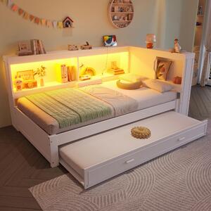 Divano letto 90 x 200 cm con letto estraibile 90 x 190 cm, dotato di illuminazione LED, presa di corrente, porte USB e Type-C, e vani portaoggetti, colore bianco