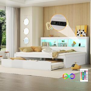 Divano letto 140x200 cm con letto supplementare estraibile 90x190 cm, illuminazione d'ambiente a LED, presa di corrente e porta USB, vano laterale, bianco/naturale