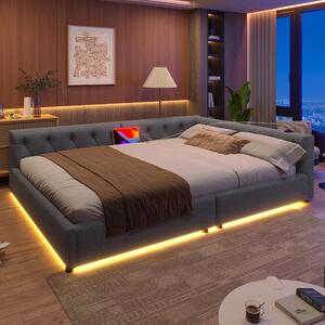 Divano letto 140x200 cm con rete a doghe, illuminazione LED a 7 colori con telecomando, porte USB e Type-C, schienale trapuntato, tessuto in lino, colore grigio