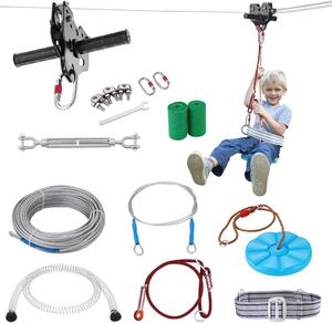 Scivolo a fune per zipline - 18,3 m di fune - Bambini e adulti fino a 226,8 kg - Set di zip line con sistema di frenaggio a molla - Pista per giardino e uso esterno - Materiale di montaggio incluso