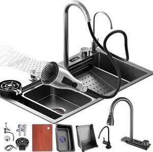 Lavello a cascata - Lavello da cucina - Lavoro da cucina - Rubinetto acqua a temperatura digitale - 70 x 50 cm - Nero