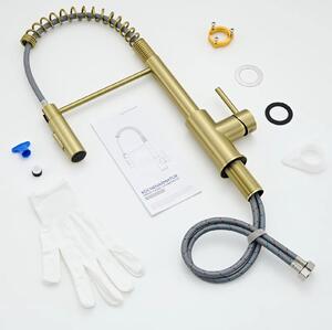 Miscelatore per cucina - Modello verticale con molla - Acciaio inossidabile 304 - Acqua calda e fredda - Bocchetta estraibile e flessibile - Due tipi di getto - Oro