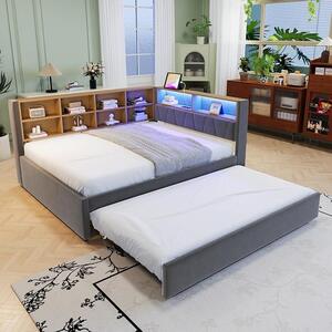 Divano letto 140 x 200 cm, con letto estraibile 90 x 190 cm, divano letto estendibile con luci LED e vani portaoggetti, in flanella, color grigio scuro (senza materasso)