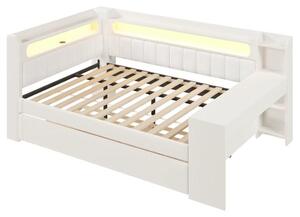 Divano letto imbottito per il giorno, con letto estraibile e scrivania integrata. Dotato di prese USB e barra luminosa LED. Dimensioni: 140 x 200 cm. Colore: bianco. Senza materasso