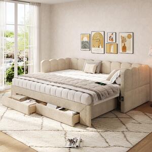 Letto da giorno 90x200 cm, estensibile a 180x200 cm, divano letto con 2 cassetti, USB/USB-C e spazio contenitore, beige, ciniglia