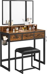 VASAGLE, toletta con specchio pieghevole in 3 parti, tavolo cosmetico con sgabello imbottito, 3 cassetti, design industriale, vintage marrone-nero RVT004B01