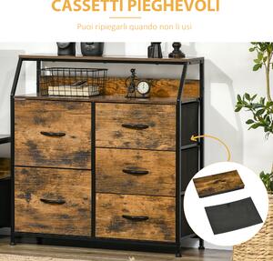 HOMCOM Mobile Cassettiera con 5 Cassetti in Tessuto Pieghevoli Stile Industriale, 83.5x29x87cm, Marrone