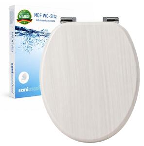 Sedile WC Sanicomfort Wood white, anima in MDF, con chiusura ammortizzata, sedile con coperchio, visiera e coperchio, cerniere in metallo cromato, facile da montare