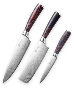 PAUDIN NS1 Set professionale di coltelli – 3 pezzi – Acciaio al carbonio tedesco – Motivo a onda – Coltello da chef, coltello da cucina giapponese (nakiri) e coltello per verdure