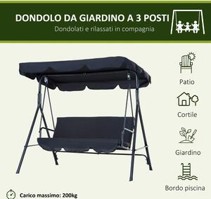 Outsunny Dondolo da Giardino a 3 Posti con Tettuccio Parasole Inclinabile in Acciaio 172 × 110 × 153cm Nero