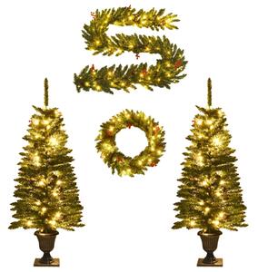 Alberi di Natale Artificiali 2 pz con Corona, Ghirlanda e LED