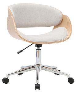Sedia da ufficio girevole con rotelle dal design in tessuto effetto velluto testurizzato beige, legno chiaro e acciaio cromato BENT