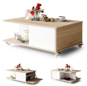 VIENNA Rovere Sonoma/Bianco Opaco - MODERNO TAVOLINO DA CAFFÈ/DA SALOTTO CON RUOTE
