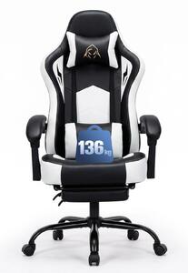 Sedia da gaming ergonomica extra larga in ecopelle, con poggiapiedi estraibile, schienale regolabile da 102° a 135°, cuscini per la testa e la zona lombare, portata massima di 136 kg, colore bianco